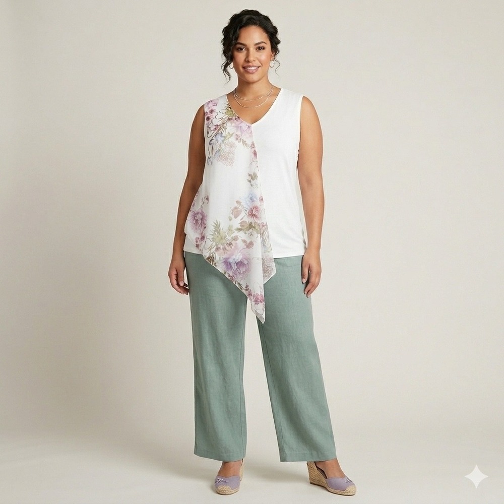 Womens Asymmetric Floral Chiffon Overlay Tank Top XL White Romantic‎ Cottagecore